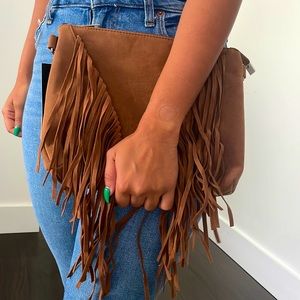 Brown suede fringed cross body bag